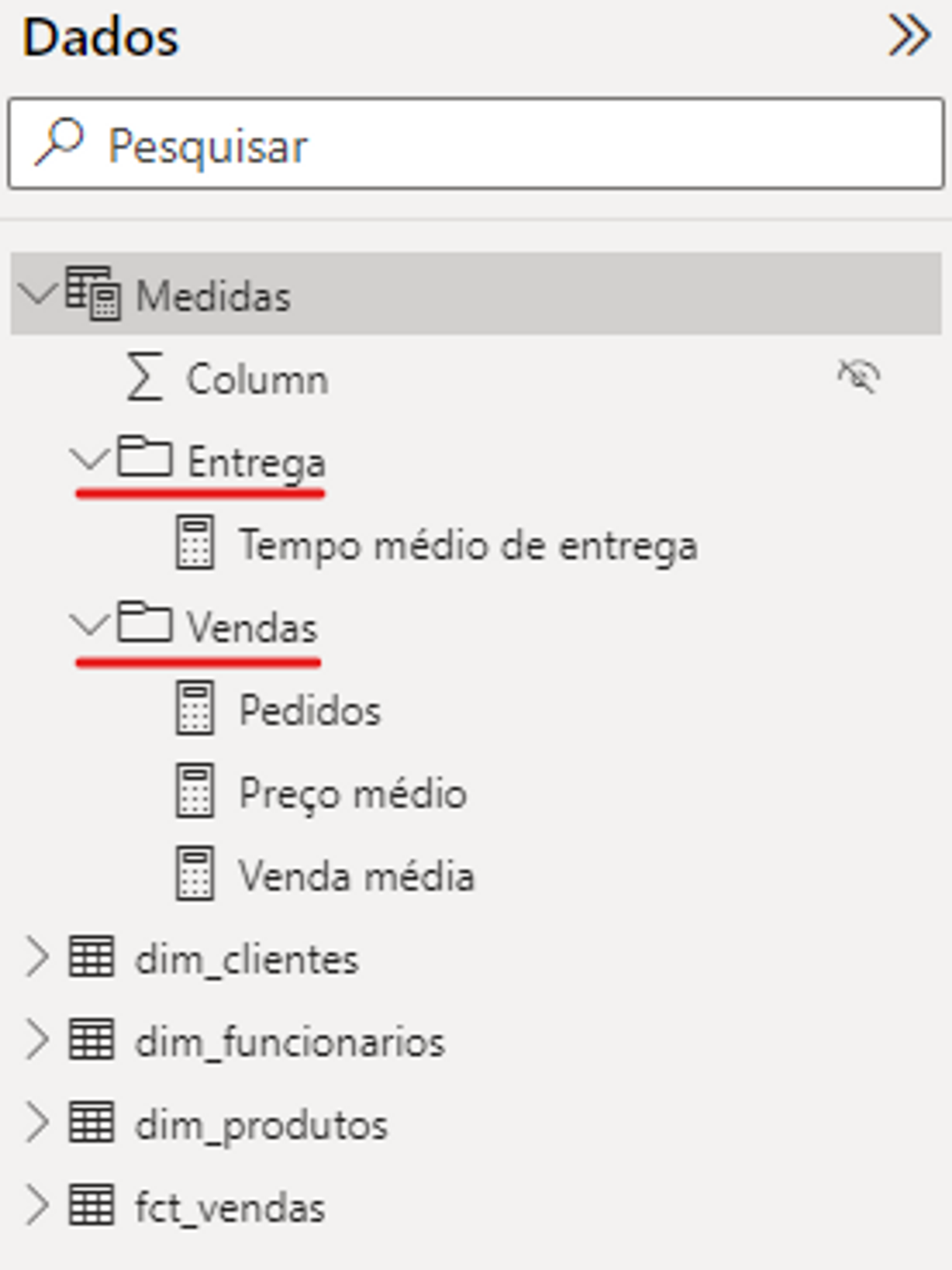 Em Pasta de exibição no Power BI Desktop está exposto três seções possíveis dentro da variável Medidas, sendo elas: Column, Entrega e Vendas. Estão selecionados os dois últimos tópicos: Entrega (com subitem Tempo médio de entrega); e Vendas (com três subitens: Pedidos, Preço médio e Venda média). Há, também, quatro variáveis independentes de Medidas, sendo elas: dim_clientes, dim_funcionários, dim_produtos e fct_vendas.