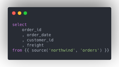 Trecho de código mostrando o modelo dbt stg_orders.sql do banco Northwind, usado em engenharia de analytics