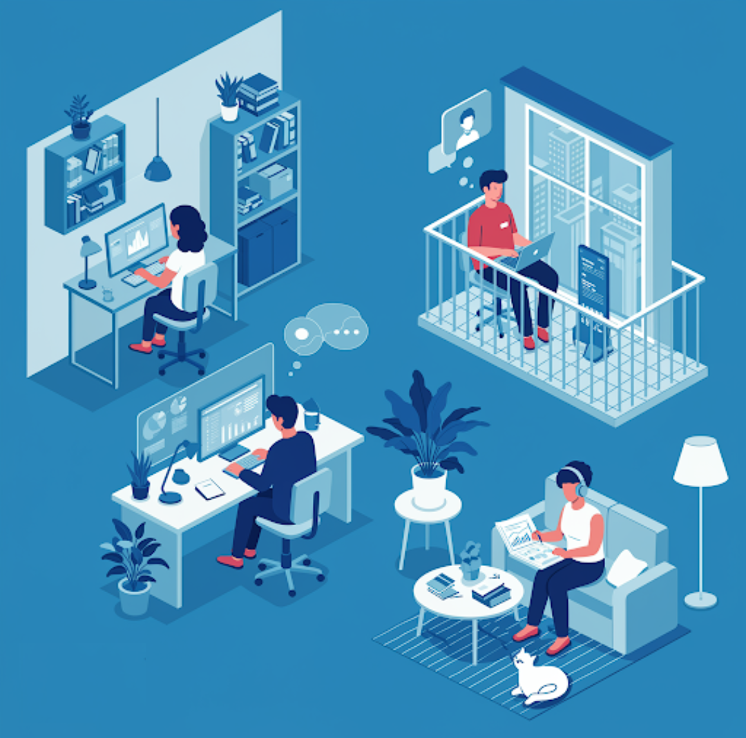 Ilustração isométrica representando uma comunidade de profissionais de tecnologia e dados trabalhando remotamente em diferentes ambientes. A cena mostra três pessoas interagindo virtualmente em espaços distintos, como um escritório, uma varanda e uma sala aconchegante, simbolizando colaboração e networking no mundo digital.