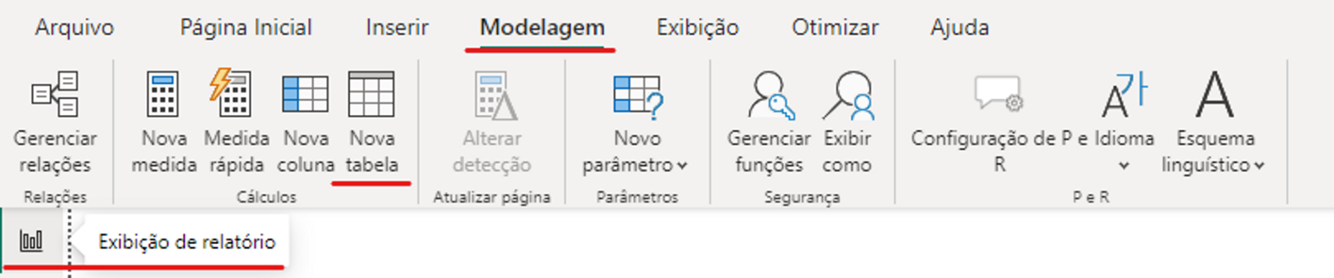 Interface da parte superior do Power BI Desktop, conhecida como “Exibição de relatório”, com o quarto item aberto, a aba “Modelagem”, e o ícone “Nova tabela” selecionado.