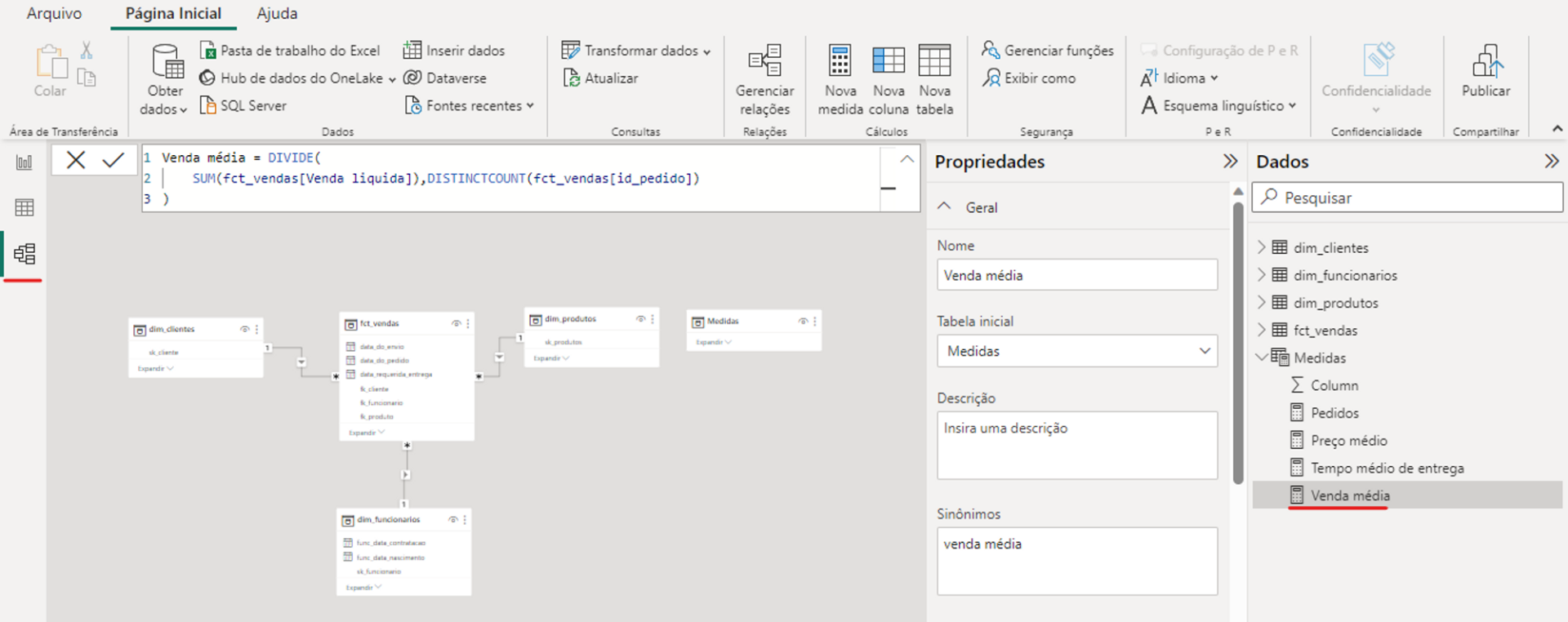 Aba de “Exibição de modelo” do Power BI Desktop com a seção “Dados” aberta. Ela apresenta os itens: dim_clientes, dim_funcionários, dim_produtos, fct_vendas e Medidas, sendo esse último a opção que está exposta. Há cinco subtópicos atrelados a ele: “Column”, “Pedidos”, “Preço médio”, “Tempo médio de entrega” e “Venda média” (essa opção está selecionada). 