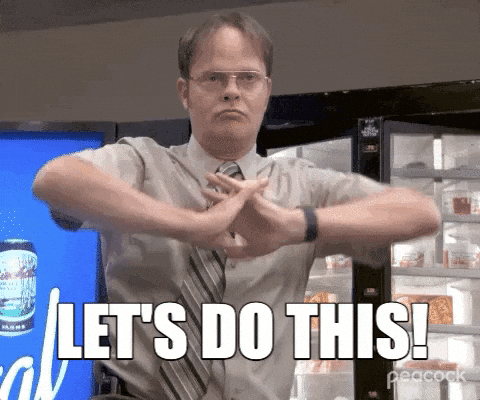 GIF de Dwight Schrute, da série The Office, cruzando os dedos e dizendo “Let's do this!”. A imagem transmite motivação para que os alunos tomem ação após descobrirem os benefícios de uma comunidade de dados na transição de carreira.
