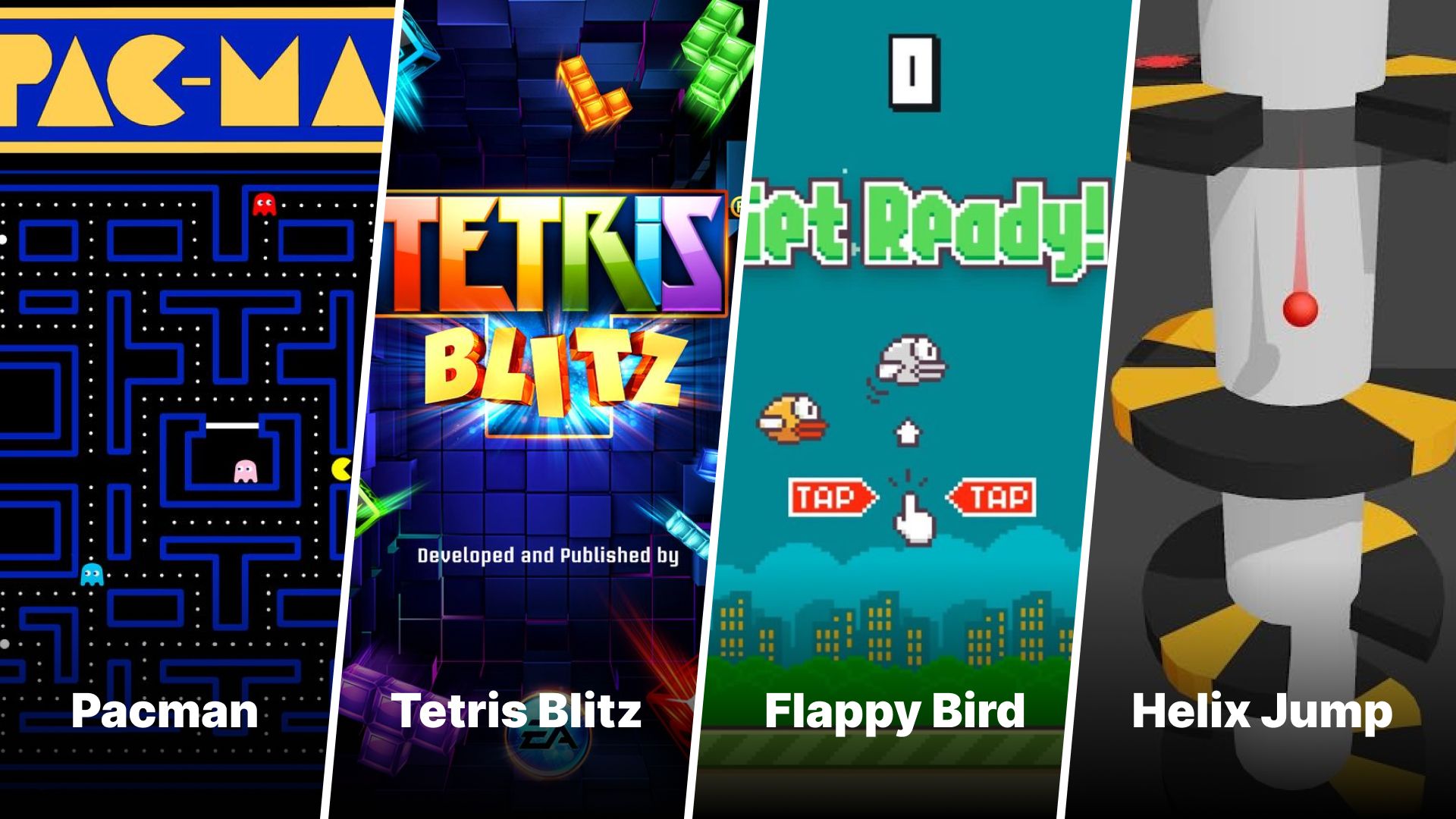 popular hyper casual games pacman tetris flappy bird helix jump