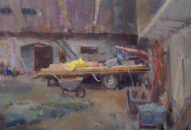 Farmyard Machine Tools Landscape Oil Painting by Bryan Mark Taylor