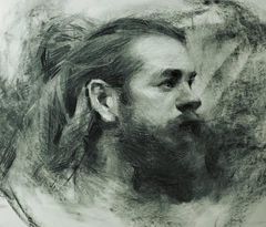 Side Profile Man Beard Hair Charcoal Portrait Drawing by Kai Lun Qu