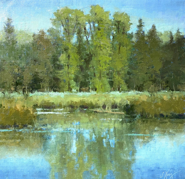 Subtle Tonal Changes in Green Landscape River Oil Painting Trees by Shanna Kunz