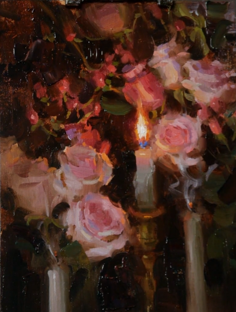 Alla Prima Glowing Roses Candlelight Floral Still Life Oil Painting by Jared Brady
