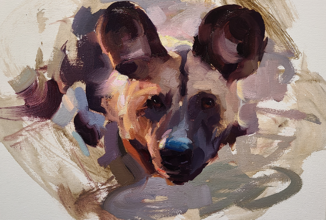 Side Lit Wild Dog African Pet Portrait Oil Painting by Kai Lun Qu