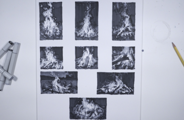 Fire Paintings Value Studies Gouache by Jeremy Duncan