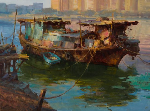 Chinese Boat House Landscape Oil Painting by Bryan Mark Taylor