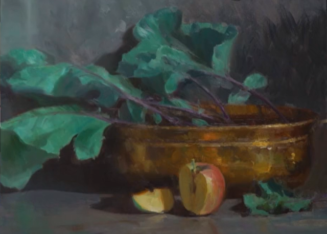 Apple Brass Metal Greens Still Life Oil Painting by Bryan Mark Taylor