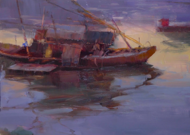 Chinese Houseboat Landscape Oil Painting by Bryan Mark Taylor