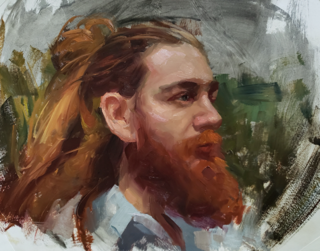 Side Profile Oil Painting Man Beard Hair by Kai Lun Qu