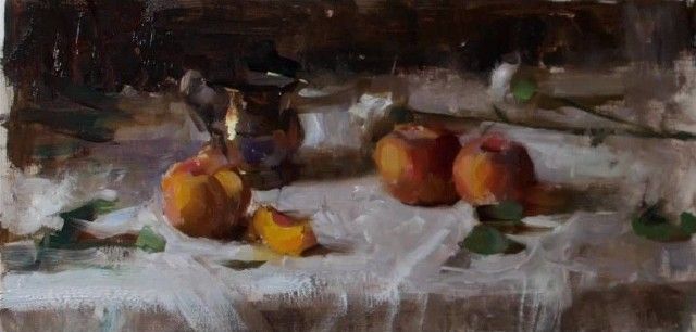 Alla Prima Tabletop Peaches Metal Rose Still Life Oil Painting by Jared Brady