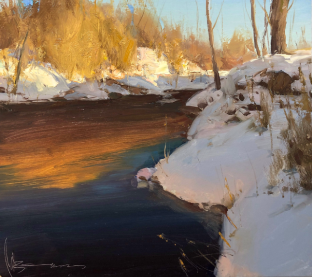 Balancing Warm Cool in Snow River Winter Landscape Oil Painting by Josh Clare