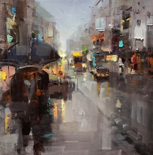 Contemporary Rainy Street Cityscape Landscape Oil Painting by Mostasfa Keyahni