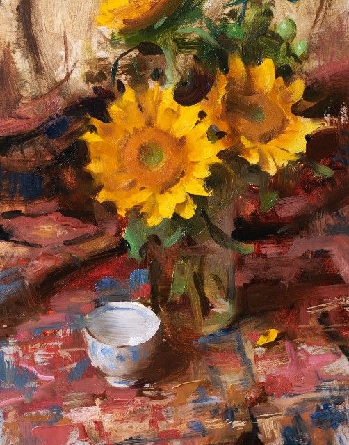 Alla Prima Late Summer Display Cup Sunflower Glass Still Life Oil Painting by Jared Brady