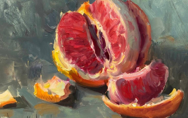 Dragonfruit Grapefruit Fruit Citrus Still Life Oil Painting by Bryan Mark Taylor