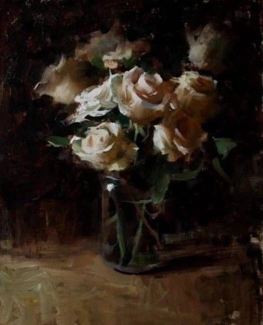 Alla Prima Roses Carnations Glass Floral Still Life Oil Painting by Jared Brady