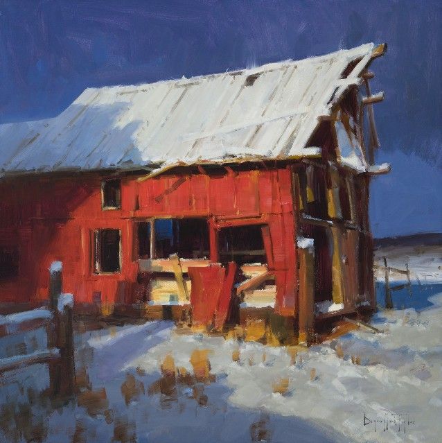 Snow Red Barn Winter Landscape Oil Painting by Bryan Mark Taylor