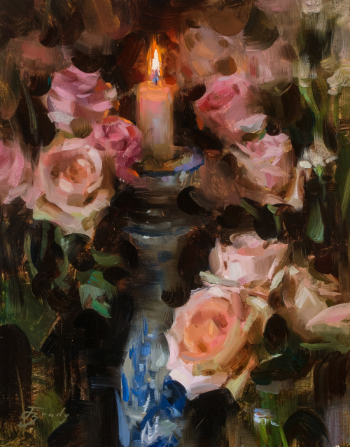 Alla Prima Candlelight Floral Roses Ceramic Still Life Oil Painting by Jared Brady