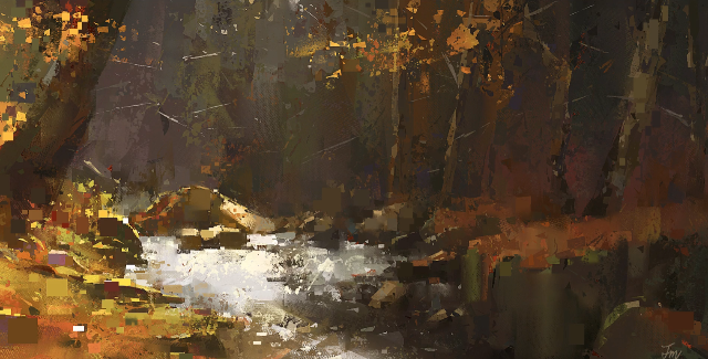 Complexity Autumn Landscape Digital Painting River Forest by Tiffanie Mang