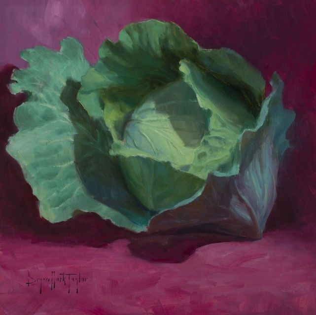 Head of Cabbage Leafy Greens Still Life Oil Painting by Bryan Mark Taylor