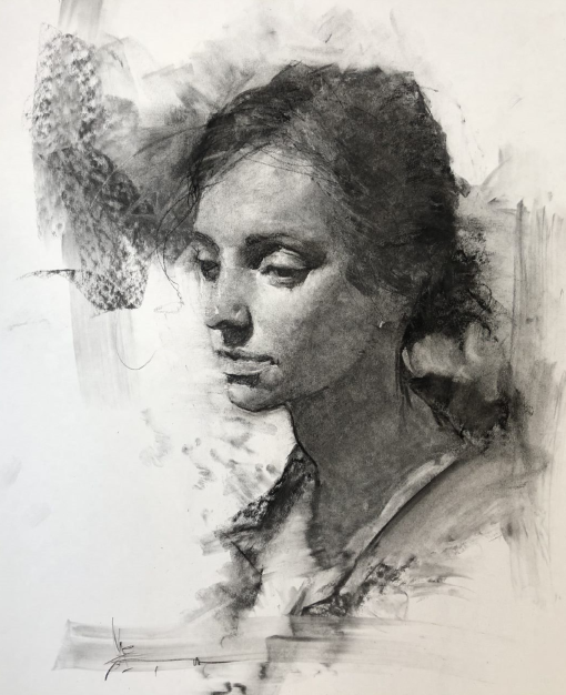 Charcoal Portrait Female Painterly Approach Paper by Josh Clare