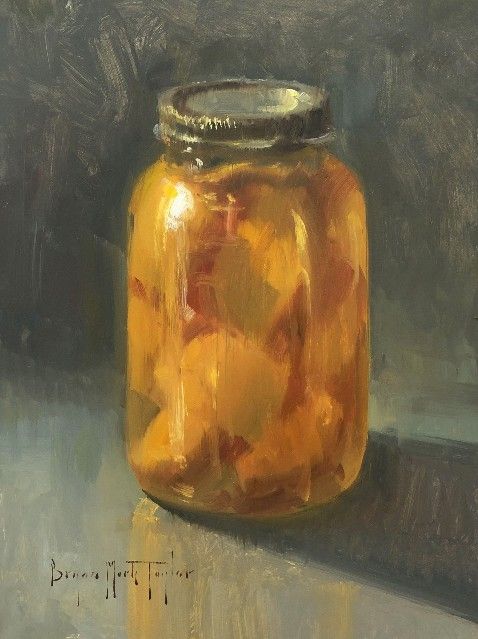 Glass Jar of Peaches Canned Peaches Still Life Oil Painting by Bryan Mark Taylor