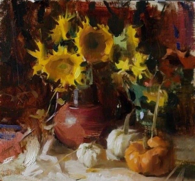 Alla Prima Fall Spirits Sunflower Pumpkin Ceramic Still Life Oil Painting by Jared Brady