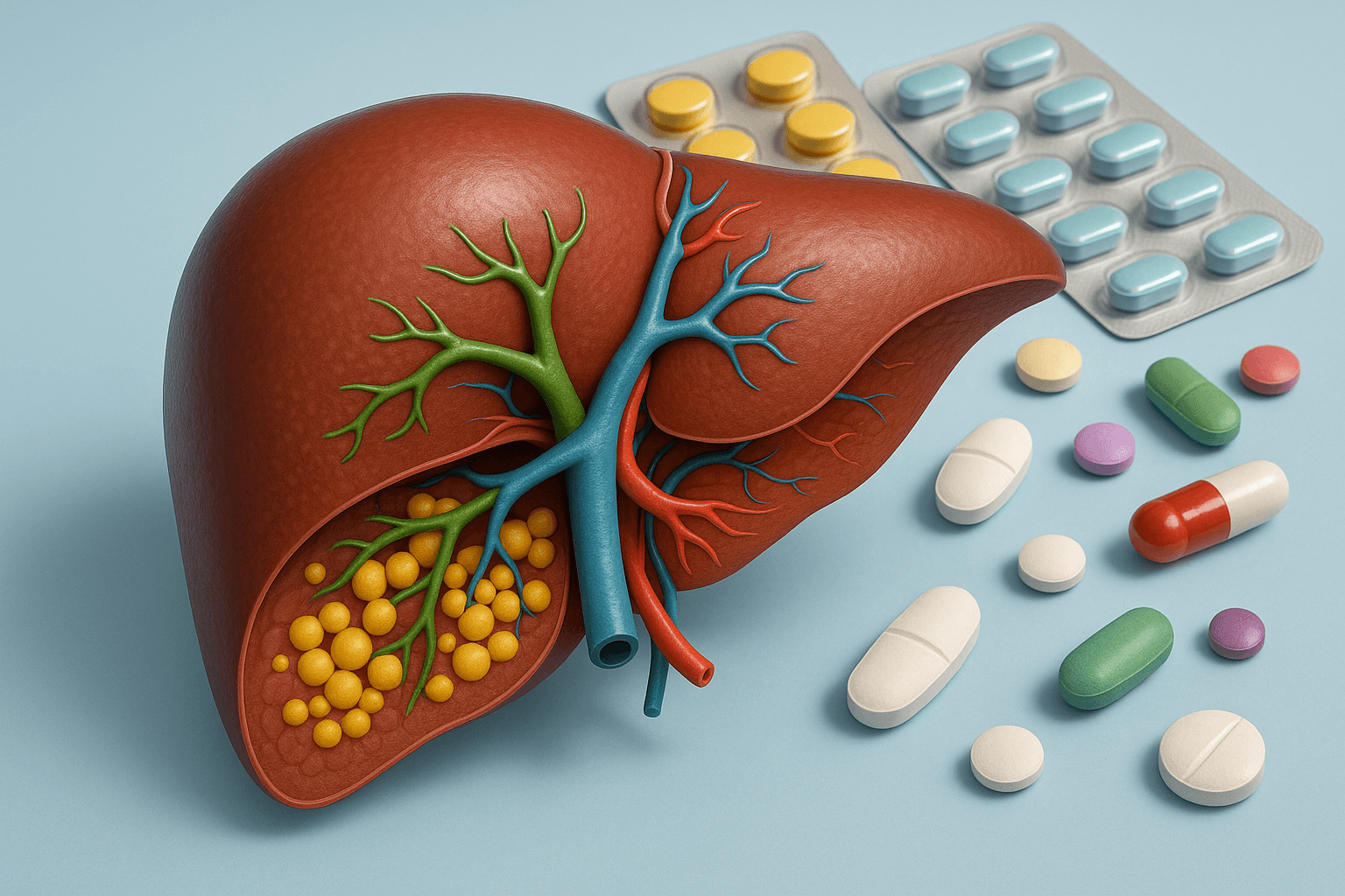 3D-Grafik einer menschlichen Leber mit sichtbaren Gefäßen und gelben Fettansammlungen, umgeben von verschiedenen Medikamenten – veranschaulicht medikamentöse Hepatotoxizität und das Risiko erhöhter Leberwerte durch Arzneimittel.