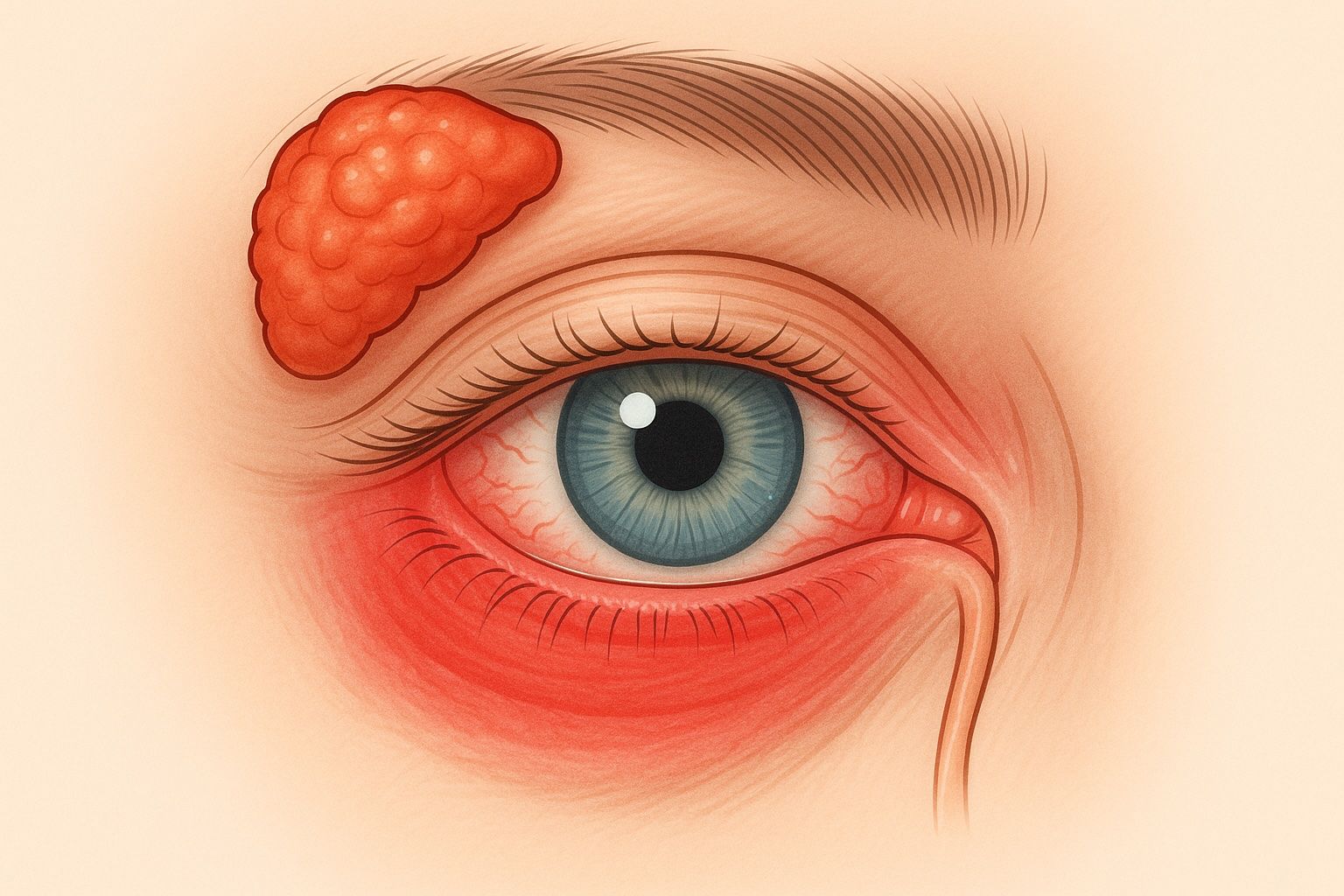 Illustration eines entzündeten menschlichen Auges mit ausgeprägter Rötung der Bindehaut (Konjunktivitis) und der unteren Augenlider, typisch für eine Xerophthalmie im Rahmen des Sjögren-Syndroms. Über dem Auge ist eine deutlich geschwollene, rötlich-gelappte Struktur dargestellt, die eine vergrößerte Tränendrüse symbolisiert – möglicherweise durch lymphozytäre Infiltration. Die Szene verdeutlicht typische ophthalmologische Manifestationen bei Autoimmunerkrankungen mit Sicca-Symptomatik.