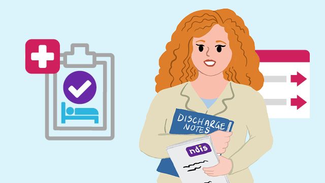 A woman holding Discharge notes and an NDIS plan