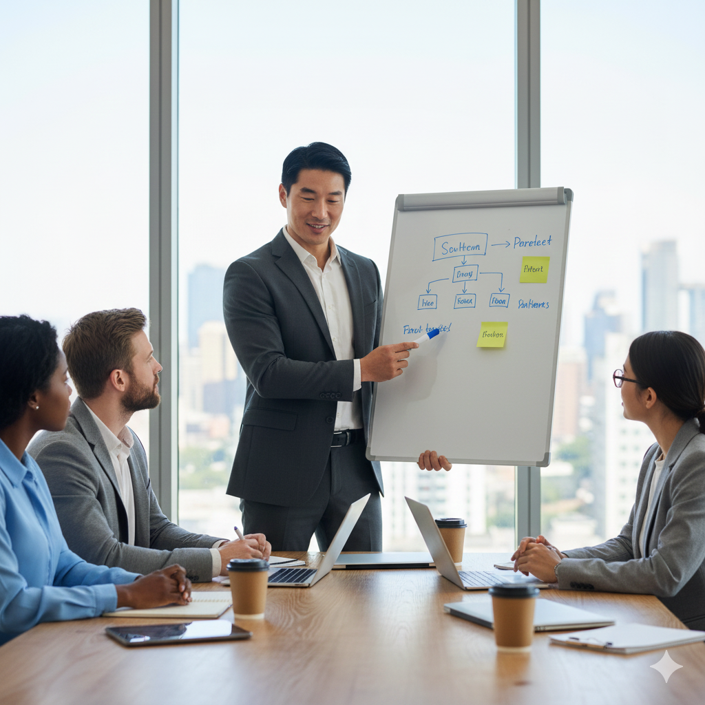A male Flex Point Security guard interacting with an employee next to a set of stairs in a corporate office