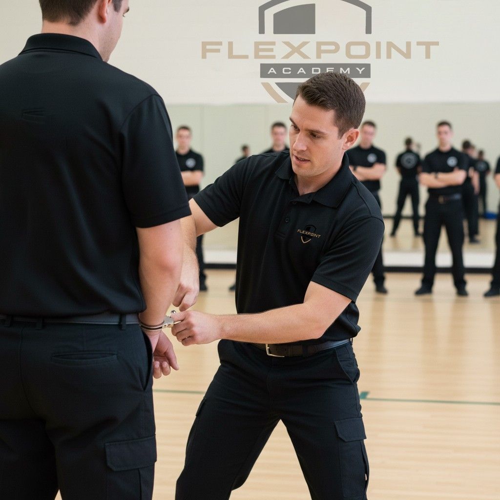 A male Flex Point Security guard interacting with an employee next to a set of stairs in a corporate office