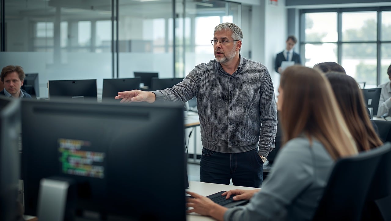 A male Flex Point Security guard interacting with an employee next to a set of stairs in a corporate office