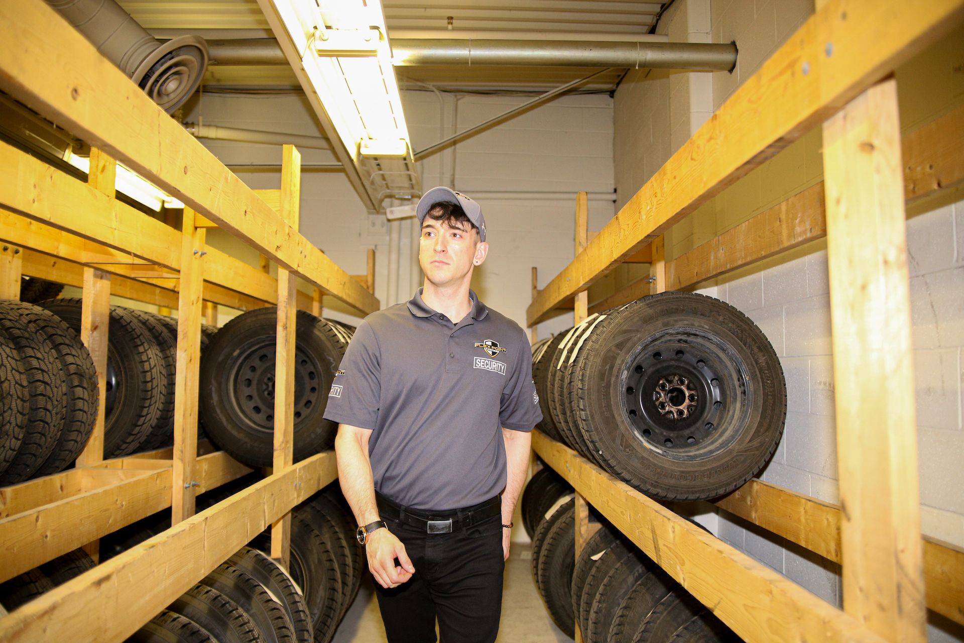 A male Flex Point Security guard patrolling an auto dealership's tire inventory storage room