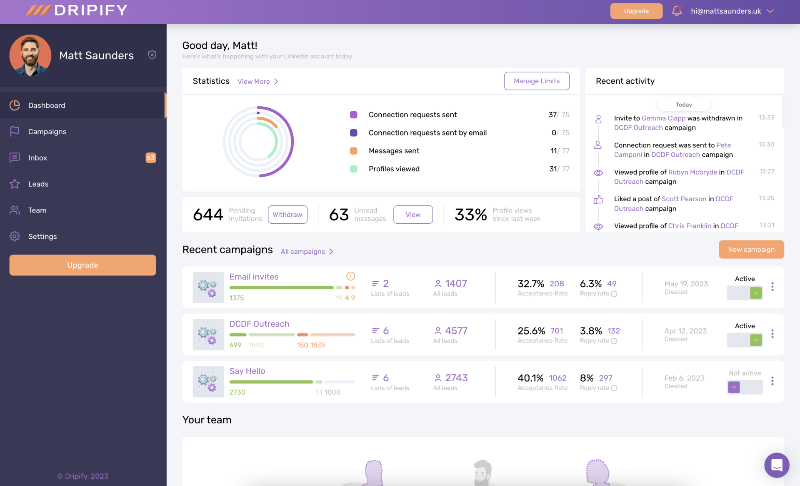 Dripify dashboard