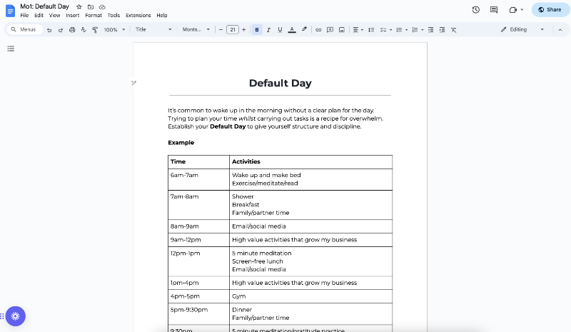 Productivity exercise - a screen shot of the default day
