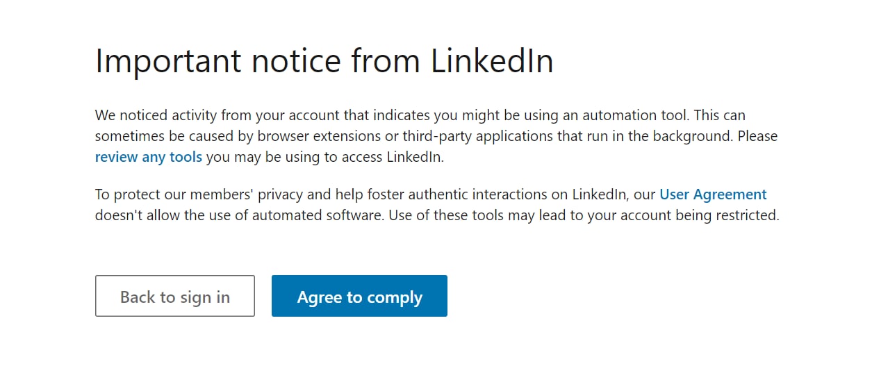 LinkedIn automation warning