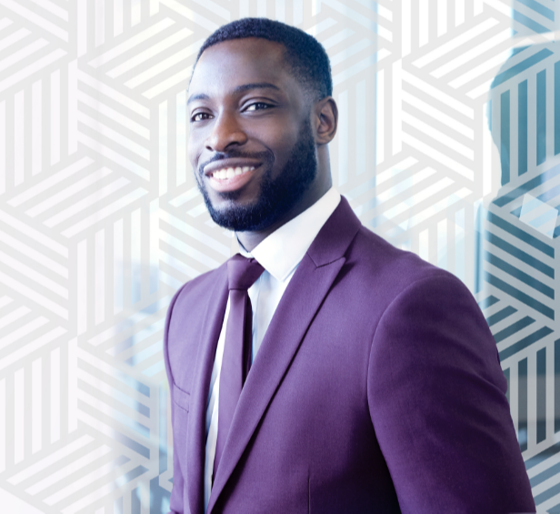 Salesman in purple suit and tie, smiling