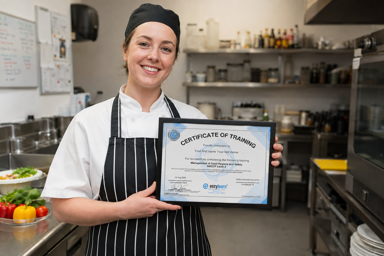 Food business employee proudly holding a framed HACCP Level 3 training certificate