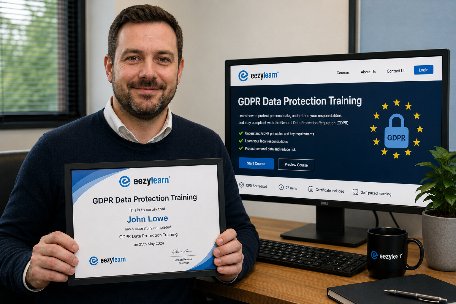 Employee proudly holding a GDPR Data Protection Certificate from Eezylearn