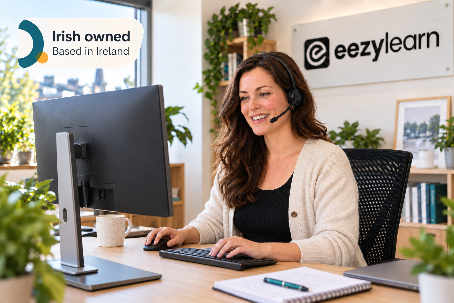 Female employee working in an office at a monitor, wearing a headset and using a separate keyboard and mouse