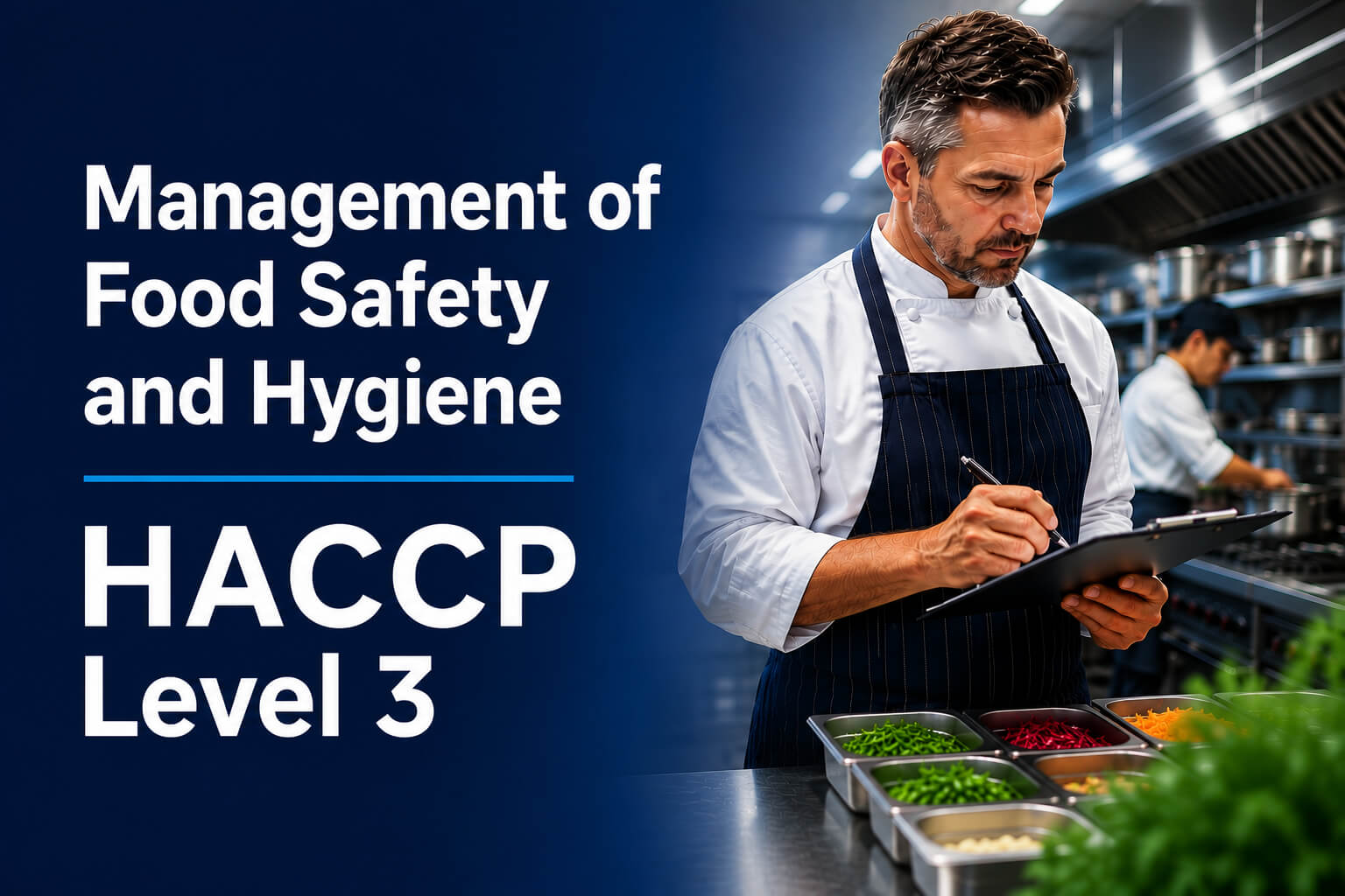 Image shows a chef carrying out a food inspection with the management of food safety and hygiene haccp level 3 in writing on the image.