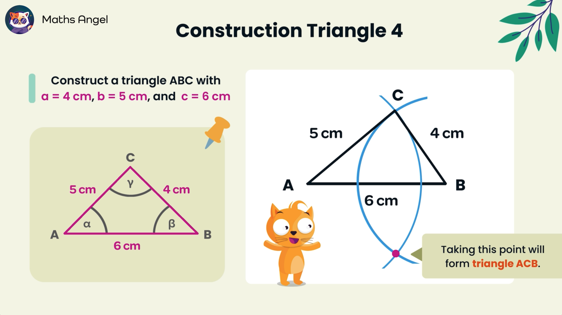 Constructing triangle ABC with sides 4 cm, 5 cm, and 6 cm using compass and ruler, including labelled angles α, β, and γ.