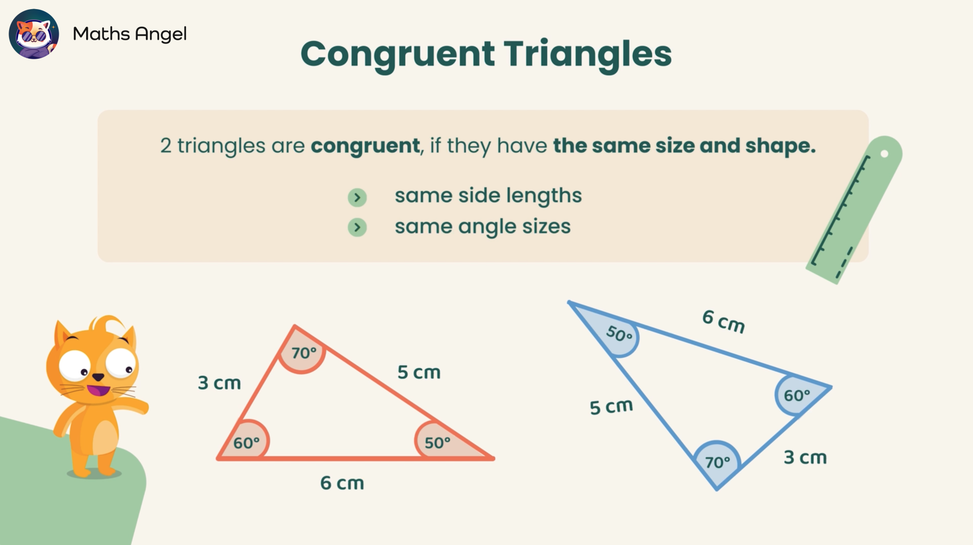 Congruent triangles criteria with examples showing two triangles with same side lengths and angle sizes.