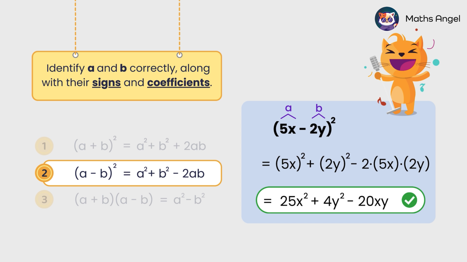 Expanding the binomial (5x - 2y)² using the formula (a - b)² = a² + b² - 2ab, resulting in 25x² + 4y² - 20xy.