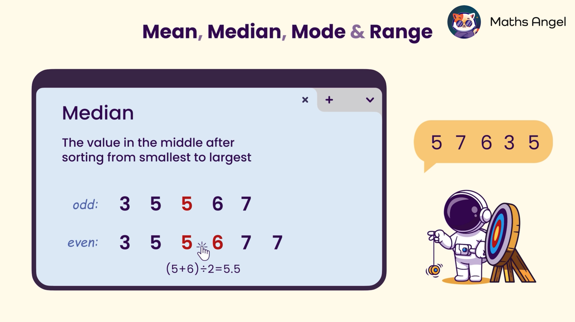 Diagram explaining the median in a dataset, showing examples with odd and even numbers.