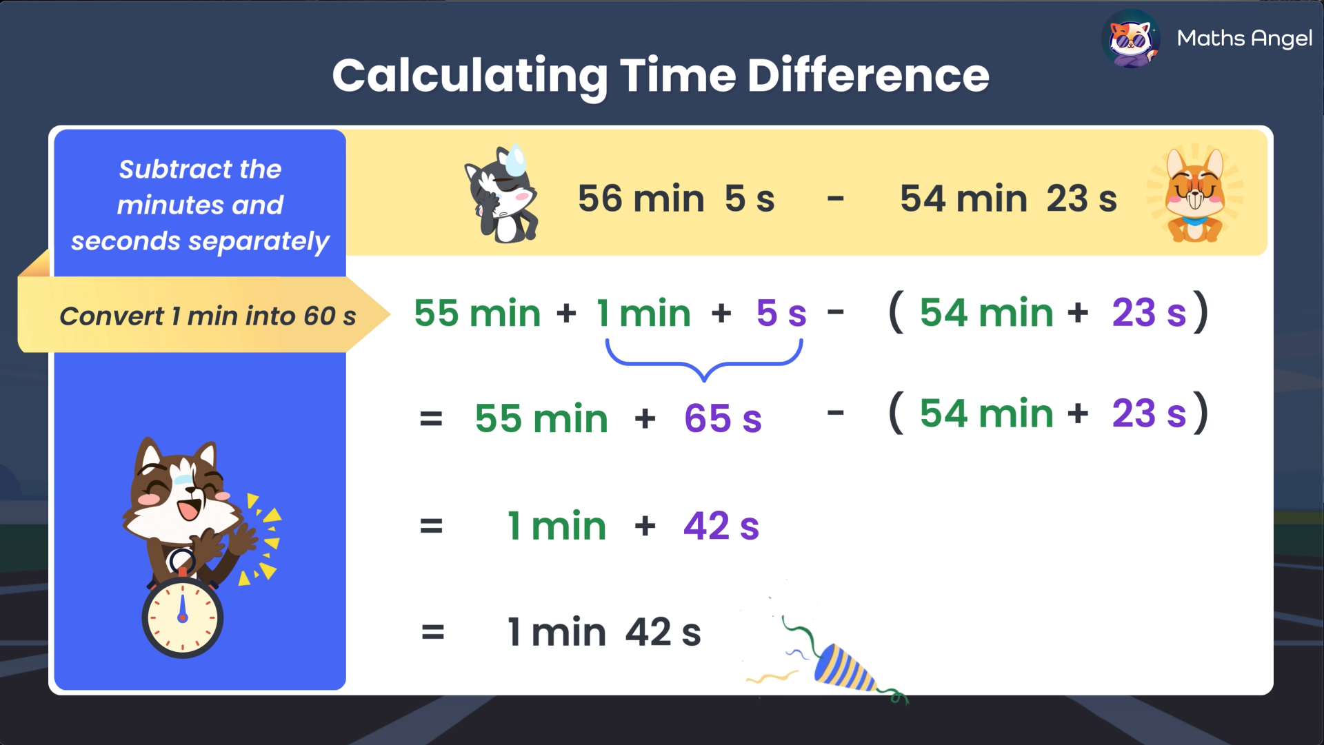 Subtracting time differences with, showing conversion of minutes to seconds to calculate 56 minutes 5 seconds minus 54 minutes 23 seconds.